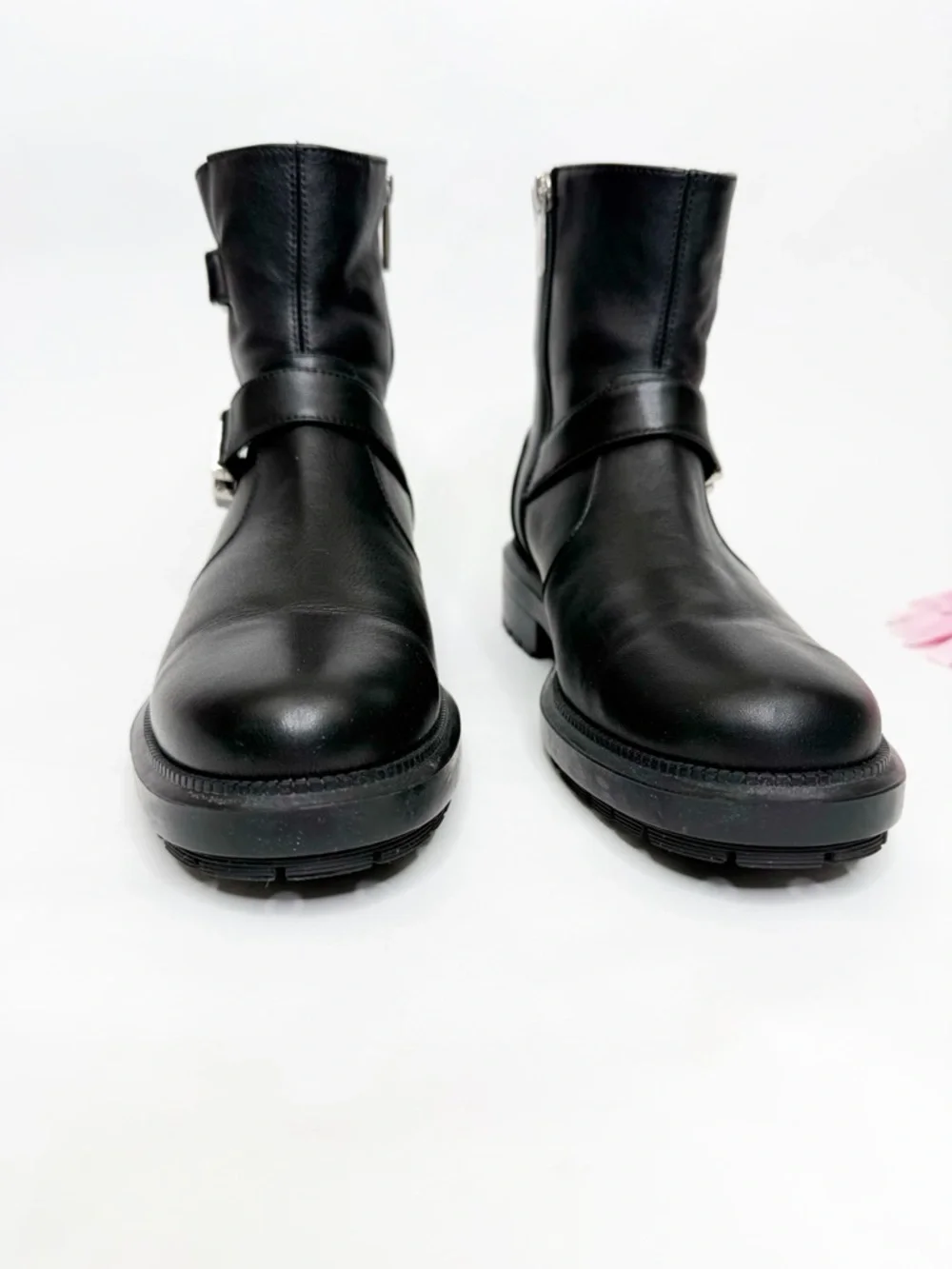 Aquatalia Lillie Moto Leather Ankle Boots Buckle Black Silver